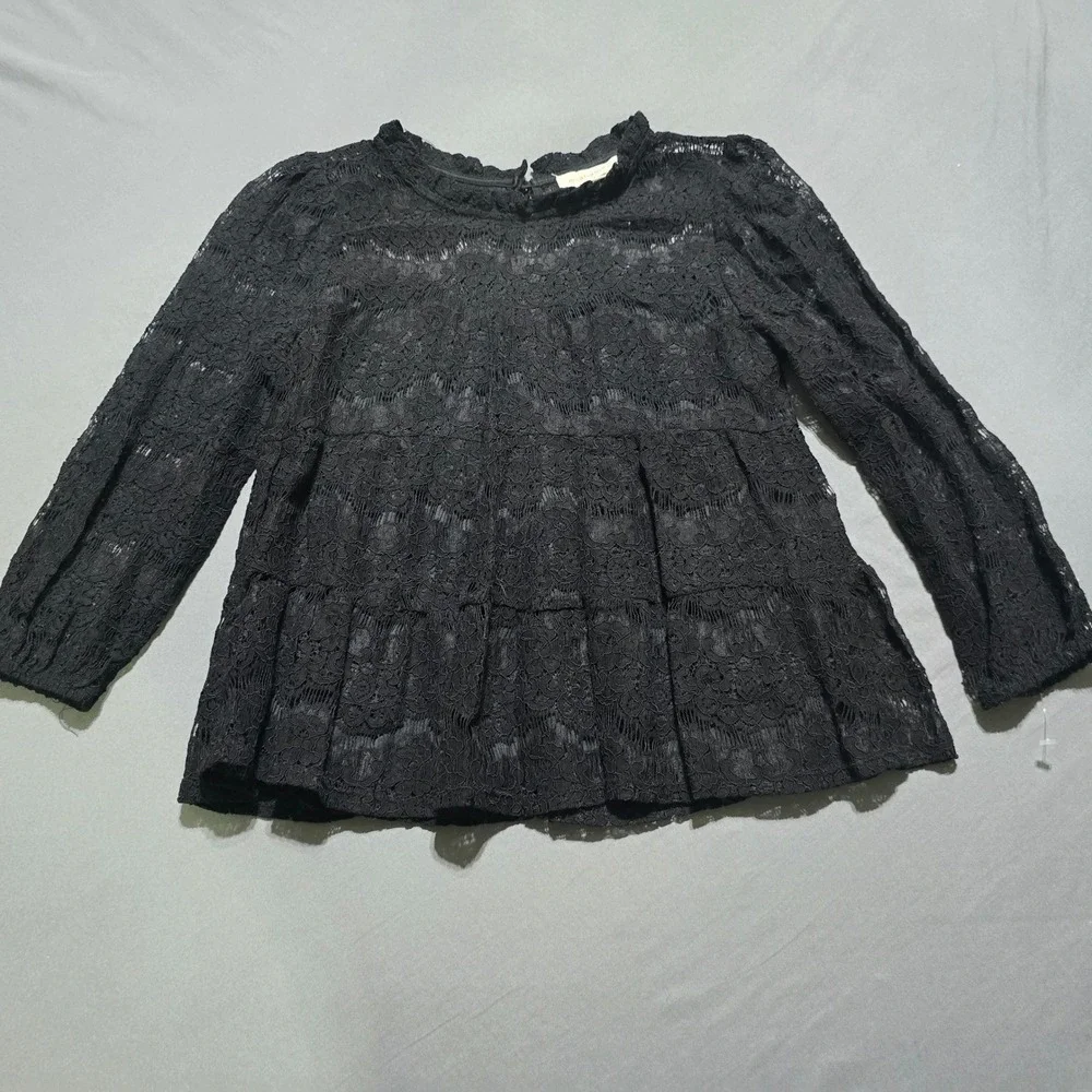 Monteau Los Angeles Lace Peplum Top Womens Medium Black Mock Neck Tiered - Picture 1 of 6